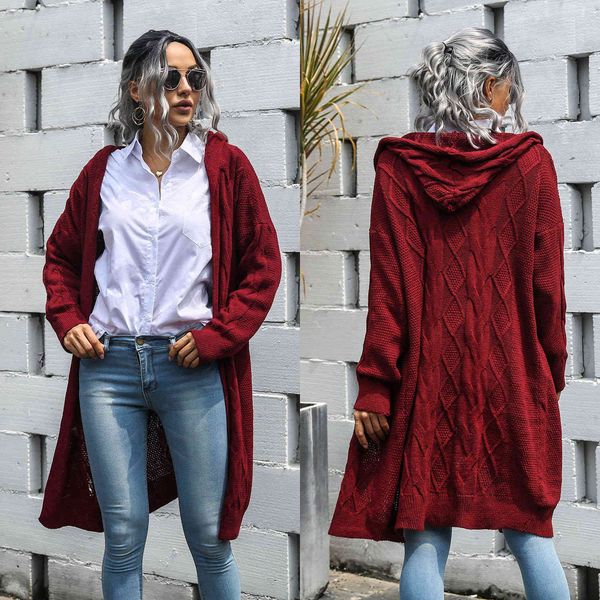 

autumn winter women's knitted sweater cardigans fashion casual long hooded sweater linen flower color coat cardigan women 210514, White