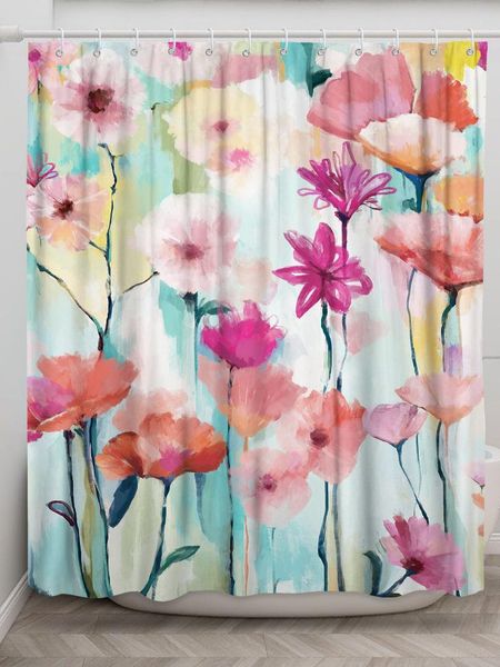 

pink floral fabric shower curtain spring flowers washable bath curtains set colorful bathroom decor with hooks, 72 x inches