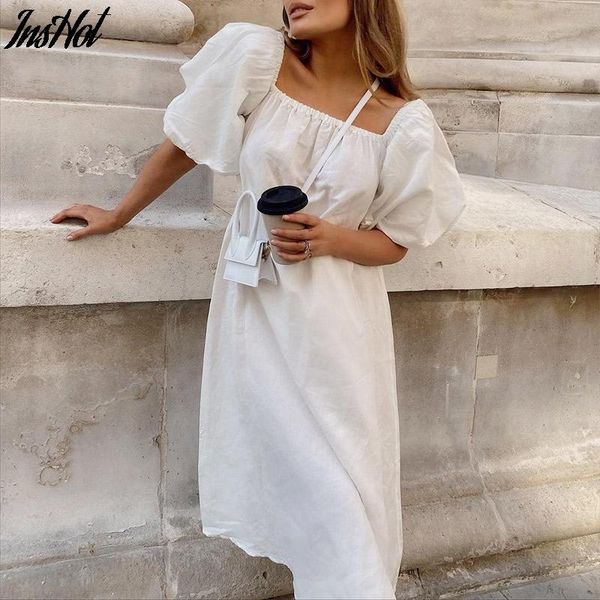 

casual dresses summer 100% cotton dress woman vintage puff sleeve a line off shoulder high waist midi white 2021, Black;gray