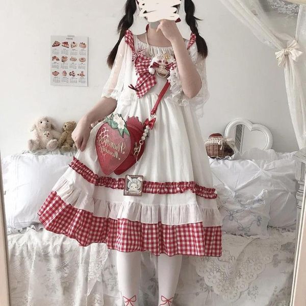 

casual dresses japanese lolita style dress women kawaii plaid splice soft girl sleeveless summer suspenders cute ruffles bow lace pleated, Black;gray