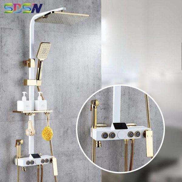 

square brass rainfall shower system with digital display screen bathroom faucet lift up and down set mixer sets