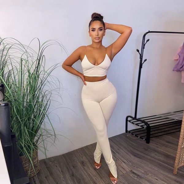 

women's two piece pants 2 tracksuit 2021 fashion gym sportswear solid invisible sling split breathable sports suit summer, White