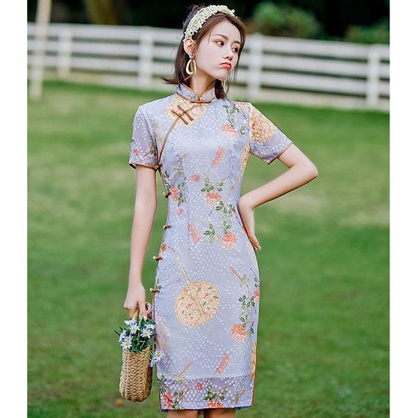 

ethnic clothing women daily short chiffon floral printing cheongsam chinese traditional classic mandarin collar qipao elegant party dress, Red