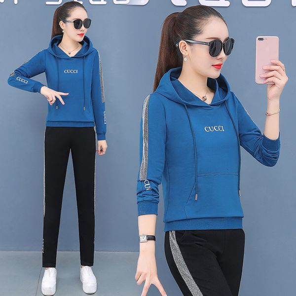 

women's tracksuits fashion suit spring and autumn long sleeve sports leisure versatile loose hooded sports suit, Gray