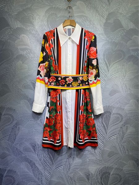 

australian spring mixed silk dress with lapel print shirt and beaded belt(5210w), Black