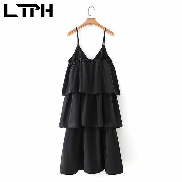 

ltph mid-length chic elegant layered cake dress women black party v-neck sleeveless camisole dresses spring summer 210423, Black;gray