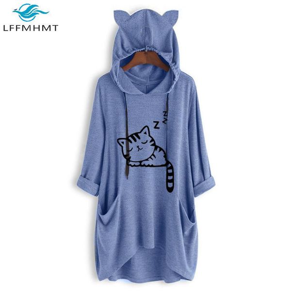 

women's hoodies & sweatshirts women autumn fashion korean style three quarter sleeve hoody cat cartoon print pocket thin female cute pu, Black