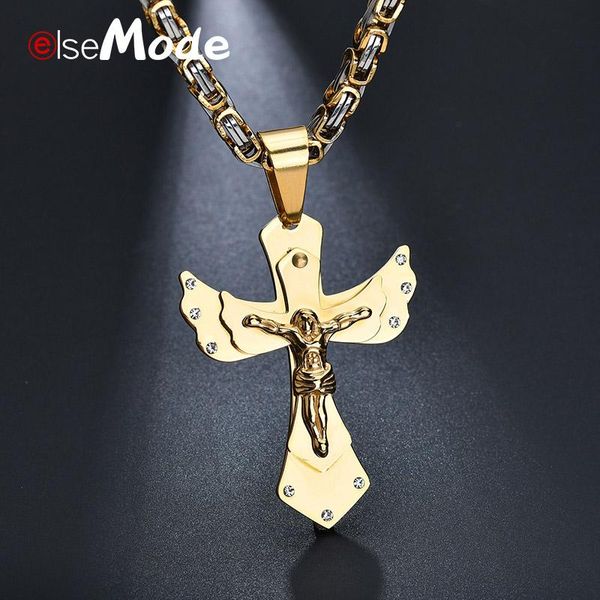 

pendant necklaces elsemode cz stone cross necklace gold stainless steel byzantine catholic crucifix christian jewelry for men, Silver