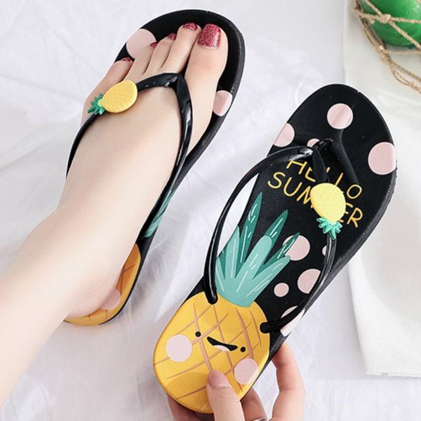 

slippers akexiya summer women beach vacation cartoon pineapple strawberry printed girls flip flops fashion women's sandals 2021, Black