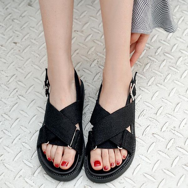

fashion leisure summer platform sandal 2021 cross-tied open toe women sandals buckle strap designer shoes microfiber casual, Black