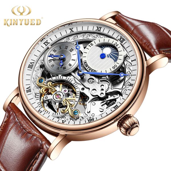 

brand kinyued watch automatic mens mechanical watches moon phase multiple time zone men wristwatches man rolojes hombre 2020, Slivery;brown