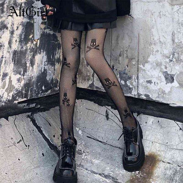 Altgirl Dark Gothic Lolita Crânio Fishnet Teixes Mulheres Mall Goth Punk Malha Transparente Meias Y2K E-Girl Sexy Bottoms Lingerie Y1130