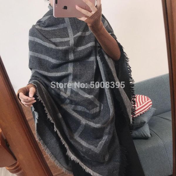 

scarves [elfstyle] - black grey wool blend scarfs pashmina 150cm letters print fringed detail large scarf woman, Blue;gray