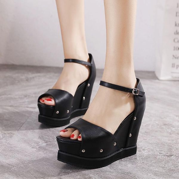 

brand gothic lady platform high heels sandals summer cover heel peep toe women design punk shoes woman dress, Black