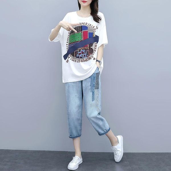 

single/set summer 2021 female jeans + cotton t-shirt printing suit loose large size casual fashion women 2pcs w53 women's two piece pan, White