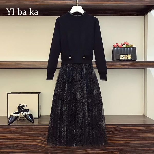 

casual dresses l-4xl plus size women elegant sweater dress 2021 vintage mesh patchwork long sleeve autumn winter vestidos female, Black;gray