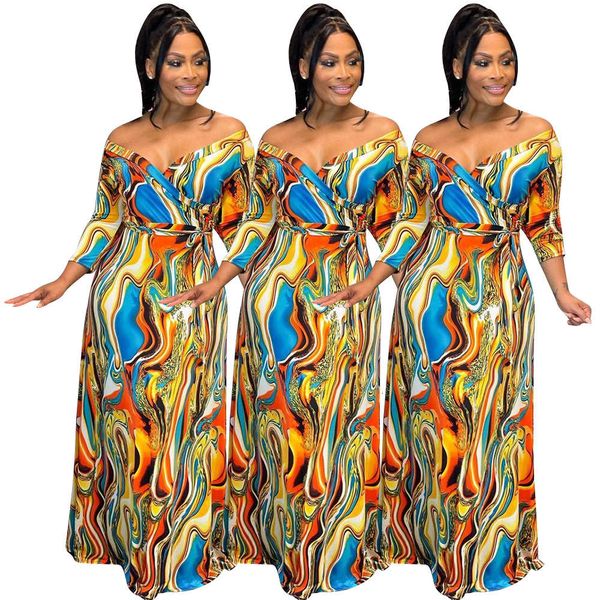 

autumn fashion v-neck belt printed dress, Black;gray