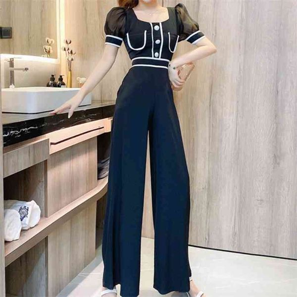 Verão Temperamento Elegante Escritório Ol Jumpsuits Mulheres Cintura Alta Perna Largura Bodysuit Hit Color Puff Curto Manga Playsuit 210519