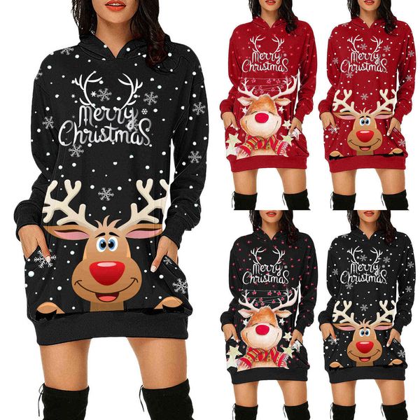 Mulheres inverno vestido com capuz fashion christmas imprime hoodies dress saco quadril moda mangas compridas mini vestido navidad dropshipping y1118