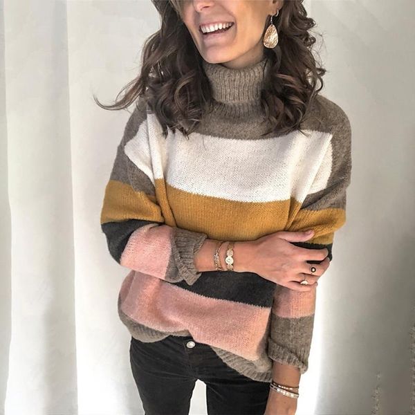 

women's sweaters high neck sweater minimalist women color block striped pullover temperament long sleeve knit pullovers jumper streetwe, White;black