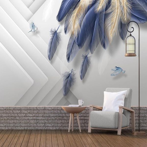 

custom po wallpaper modern fashion light luxury hand painted 3d golden blue feather geometric background wall mural wallpapers