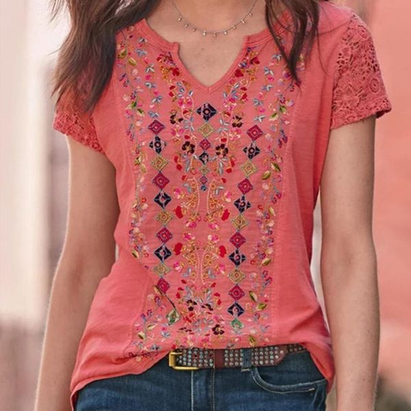 

women's t-shirt vintage print hollow out short sleeve women tshirts v-neck loose summer tee shirts streetwear casual 2021 tees, White