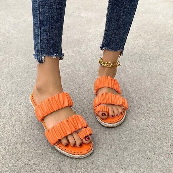 

sandals women pleated pu flat soft toe beach slippers shoes, Black