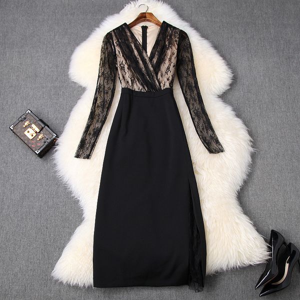 

dresses spring for european and american women's wear bud silk joining together long-sleeved v-neck fashionable slit dress pk8n, Black;gray