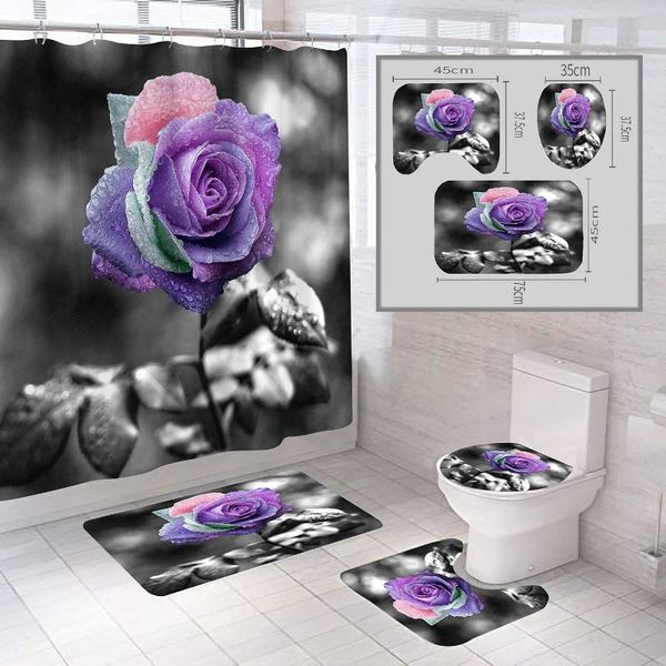 

shower curtains rose flowers curtain waterproof polyester bathroom colorful bath mat rug toilet cover non-slip dropshing