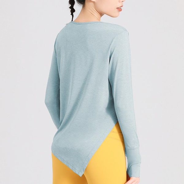 

yoga outfit summer blue gray green long sleeve shirts for women asymmetry hem loose breathable running joggings fitness cloth
