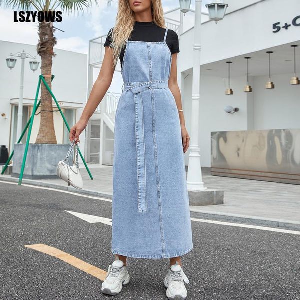 Casual Kleider Frauen Denim Kleid Herbst Jean Spaghetti Strap Lange Sommerkleid Ärmellos Gürtel Damen Vintage Maxi Vestidos