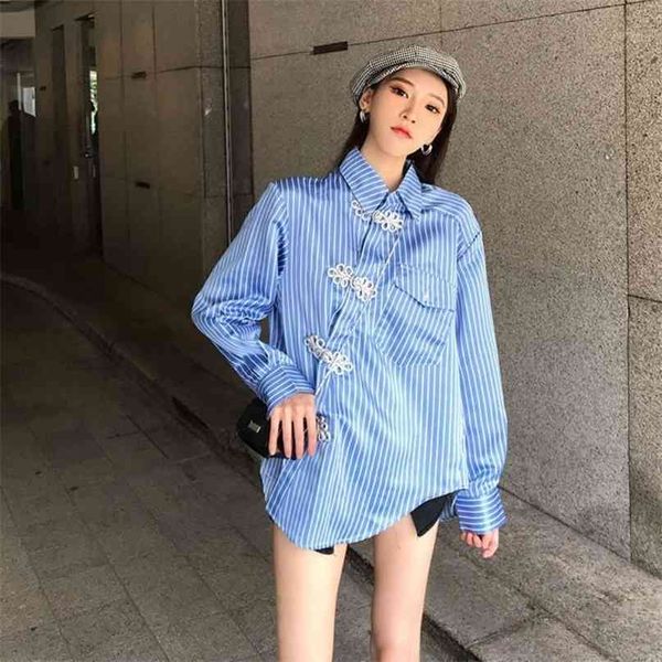 Camisa irregular Sprint Feminino Autumn Chic Fashion Melhorado Cheongsam Button e Outs Exterior Blusa de Manga Longa R210 210527