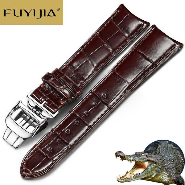 

watch bands fuyijia custom master strap handmade crocodile watchbands 19mm 20mm 21mm steel folding buckle band genuine alligator belt, Black;brown