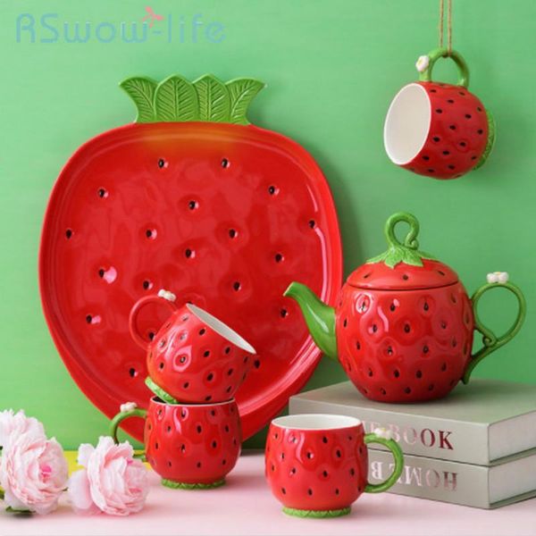 

cups & saucers 6pcs creative cold water bottle set hand-painted ceramic household cute strawberry tea cup for kitchen supplies