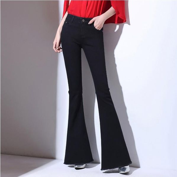 

women's jeans streetwear flare for women skinny solid high waisted wide leg zipper scratched denim pants plus size, Blue