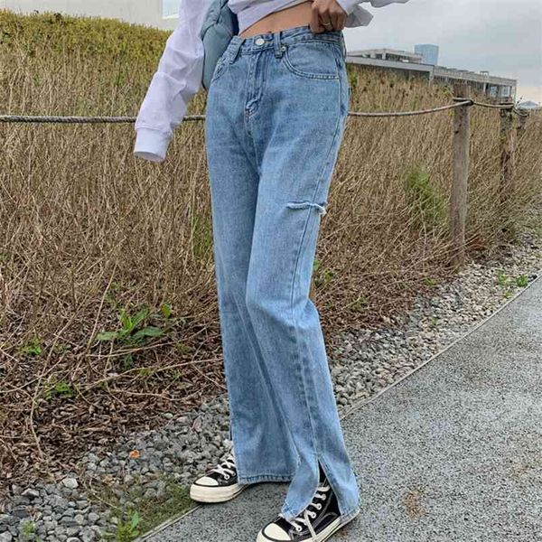 

jeans women solid vintage high waist wide leg denim trousers simple students split up loose fashion womens chic casual pants 210514, Blue