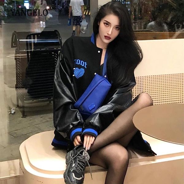 

women's jackets yangelo spring fall loose high street jacket cyber y2k baseball uniform for girls grunge aesthetic black gothic coat, Black;brown
