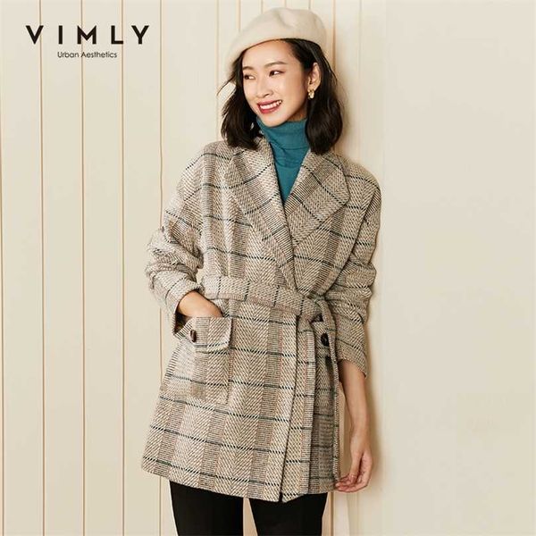

vimly winter plaid coats and jackets women fashion lapel pockets belt overcoat elegant female blazer woolen coat f2998 211019, Black