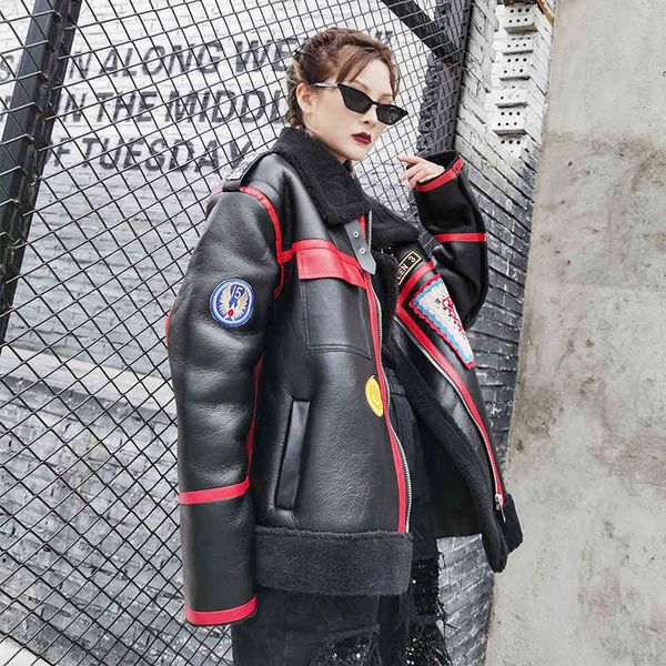 

winter thin-fit fried street contrast inlay thick woolen leather jacket, Black