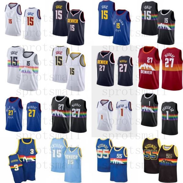 

15 jokic jamal 27 murray 1 porter jr. basketball jersey mens allen 3 iverson carmelo anthony dikembe 55 mutombo retro shirt, Black;red
