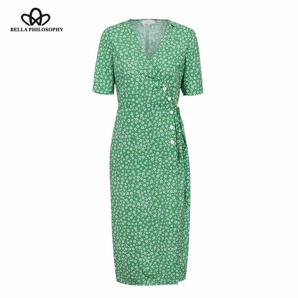 

casual dresses philosophy v neck wrap high waist long women dress short sleeve split midi tie up print beach, Black;gray