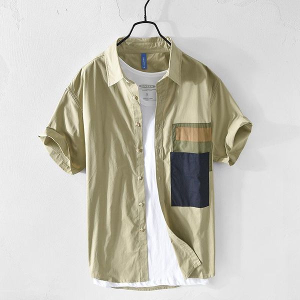 

men's casual shirts d218 men spring summer short sleeve patchwork color contrast pocket turn-down collar fashion urban chic male, White;black