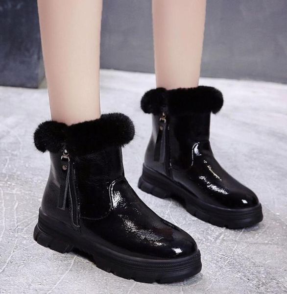 

boots women winter patent leather snow shoes for ladies black thick fur ankle