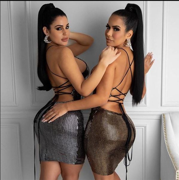 

casual dresses sequins lace up open back halter neck midi bodycon dress for women club party pencil vestido fall winter, Black;gray