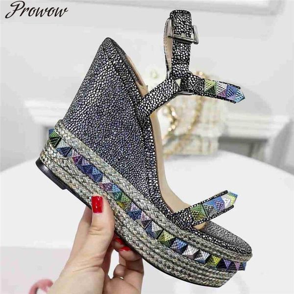 

sandals prowow rivets studs fashion brand high heel open toe platform shoes women wedges, Black
