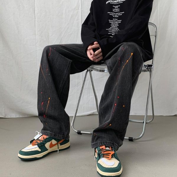 

men's jeans trend creative graffiti casual straight port style retro pants, Blue