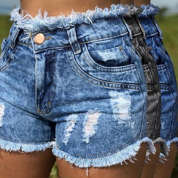 Shorts femininos sexy mini tassel hole jeans moda denim bolso jean azul de cintura alta para mulheres