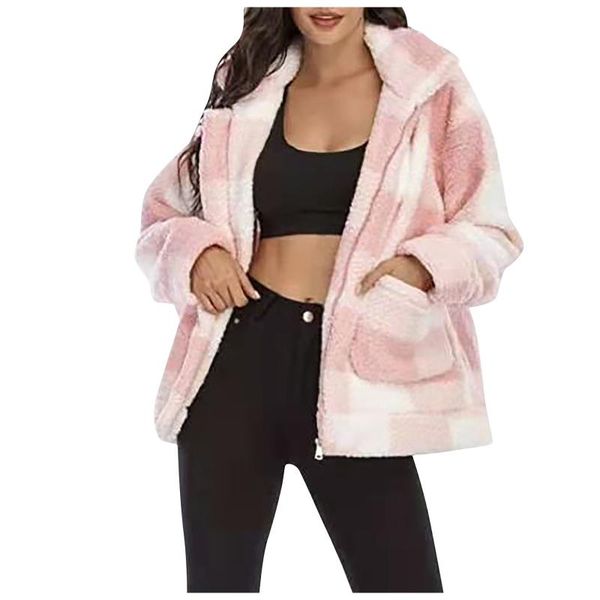

women's jackets winter women jacket warm plush casual loose hooded coat mixed color patchwork outwear faux fur zipper ladies parka, Black;brown