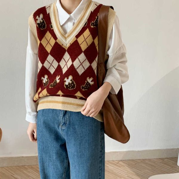 

spring retro cartoon v-neck sleeveless sweater vest women's knitting loose short casual pullovers 210607, Black;white