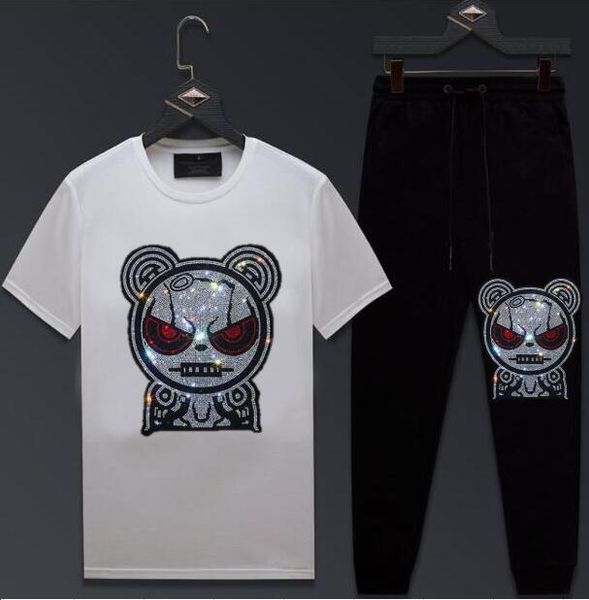 

clothing men's fashion tracksuit casual sportsuit men short sleeve sportswear rhinestones men set, White;black
